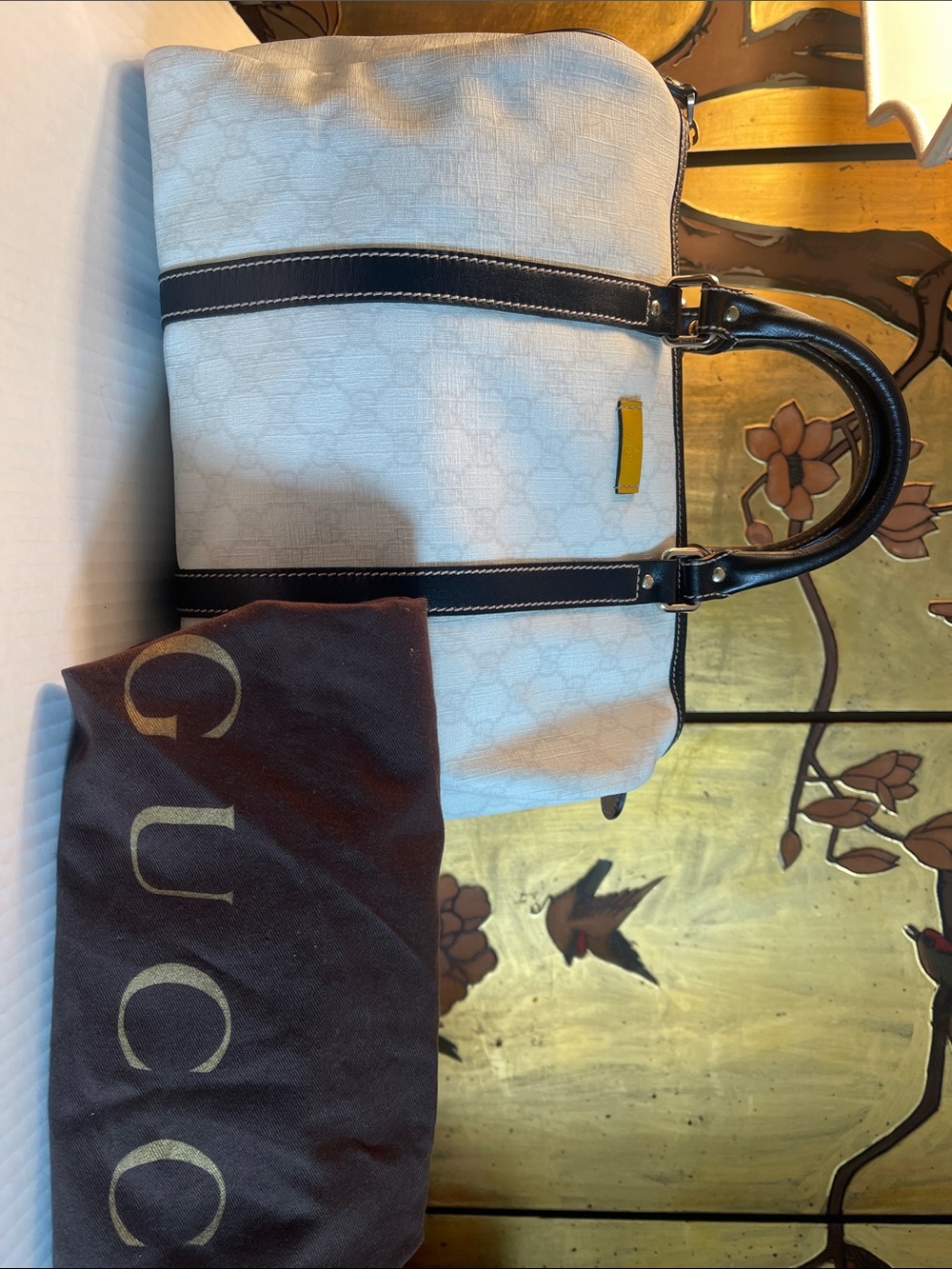 Gucci White Canvas and Black Leather Tote Bag GG patterns in light silvery grey.